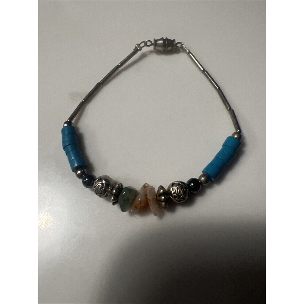 Vintage Child's Bracelet Liquid Silver Roses Turquoise Mother Pearl Beads 6.25”